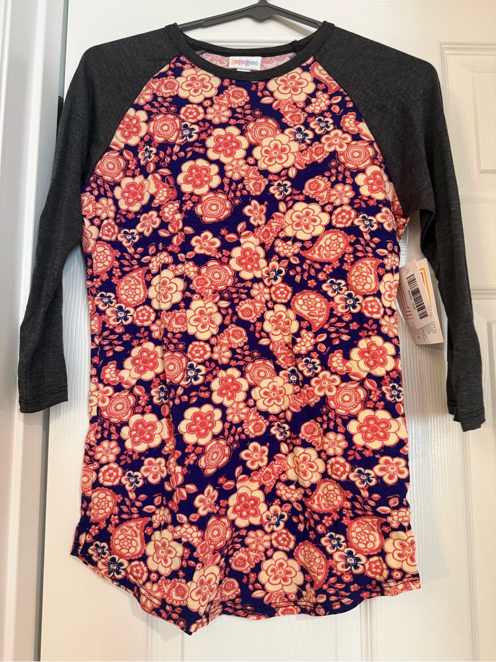 LuLaRoe Navy Floral Raglan Tee with Charcoal Sleeves